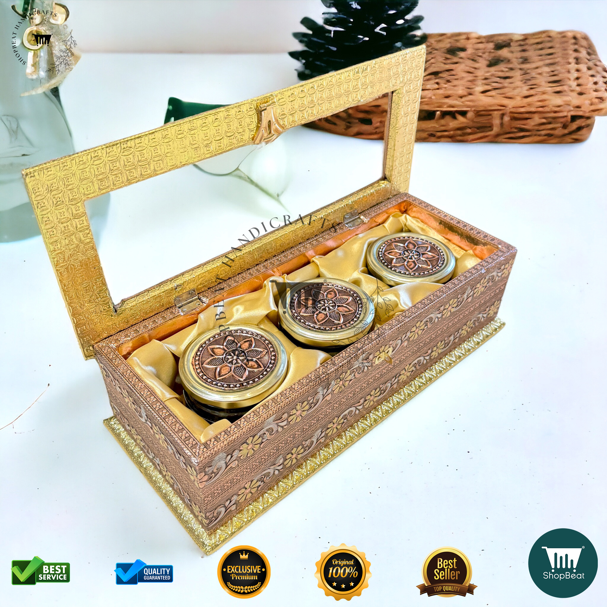 ShopBeat Golden-Copper Oxidised Acrylic Gift Box 3 Jars – A Perfect Blend of Tradition & Elegance - Image 3