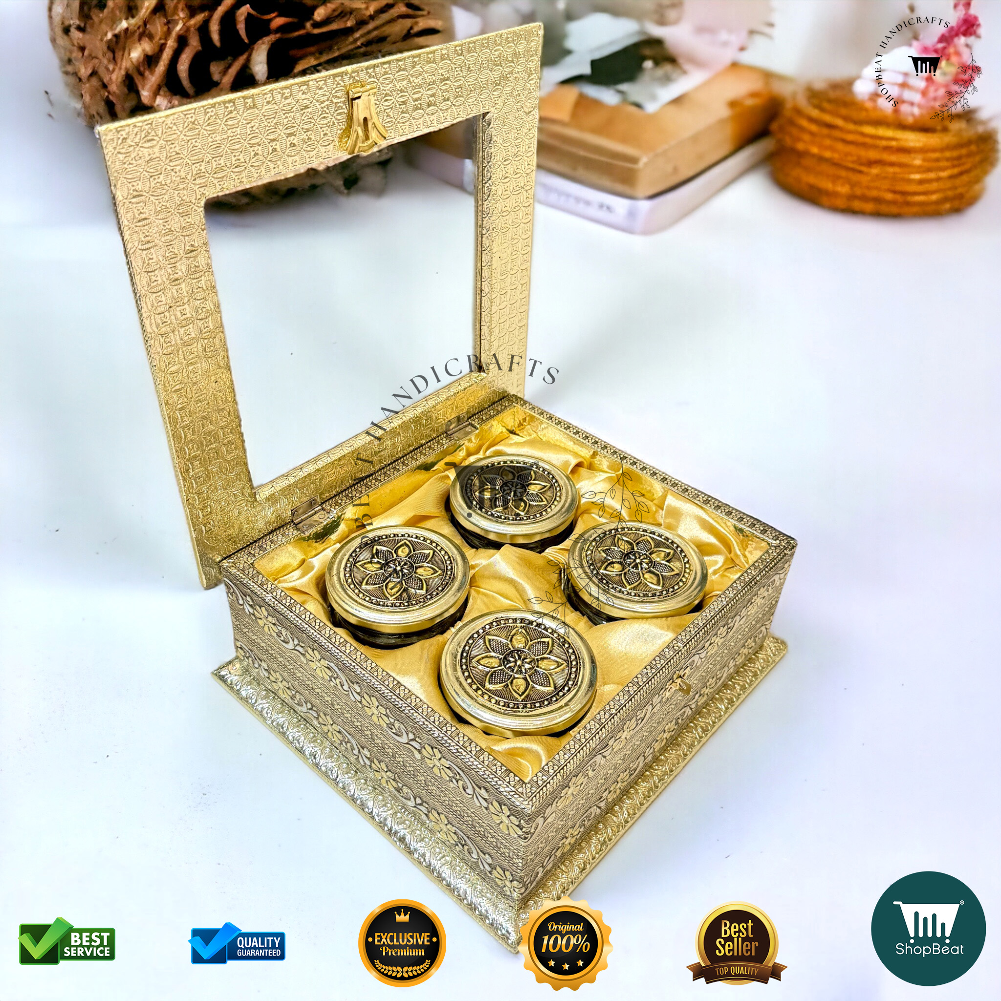 ShopBeat Golden Oxidised Acrylic Gift Box 4 Jars – Elegant & Traditional Gifting Solution - Image 3