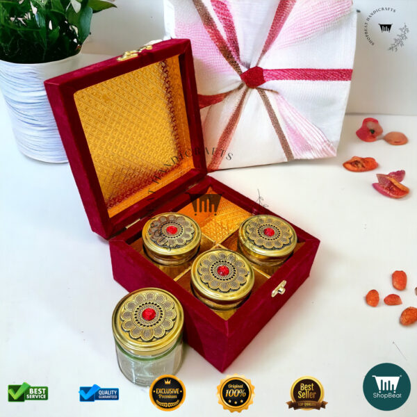 ShopBeat Premium Red Velvet Decorative Dryfruit Box With 4 Glass Jar 7x7 - Image 3