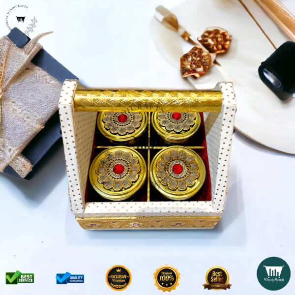ShopBeat Premium White Rexine Decorative Dryfruit Tray-Box With 4 Glass Jar 7x7 - Image 3