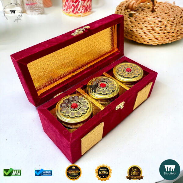 ShopBeat Premium Red Velvet Decorative Dryfruit Box With 3 Glass Jar 10x4 - Image 3