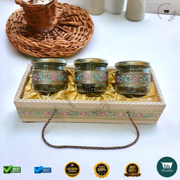 ShopBeat Golden Oxidized Meena Gift Box with 3 Jars – Premium Decorative Storage - Image 3