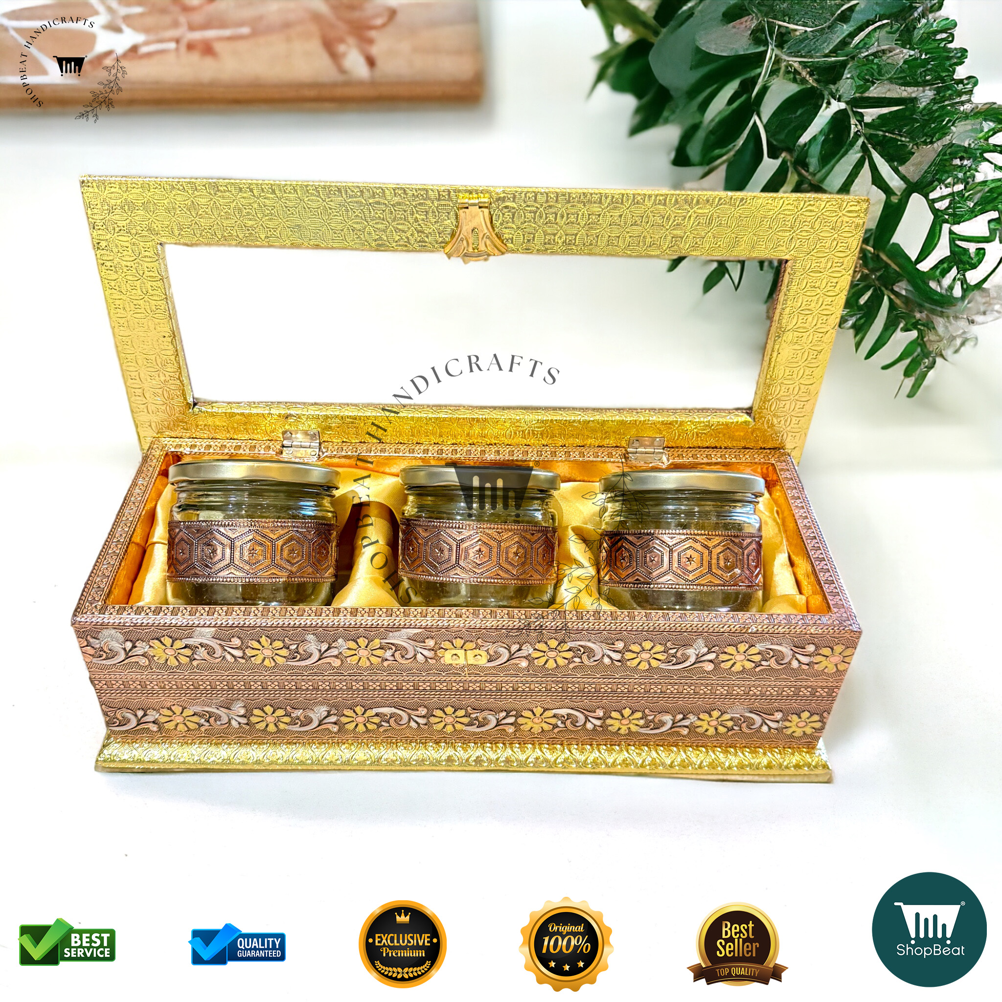 ShopBeat Golden-Copper Oxidised Acrylic Gift Box 3 Jars – A Perfect Blend of Tradition & Elegance - Image 4