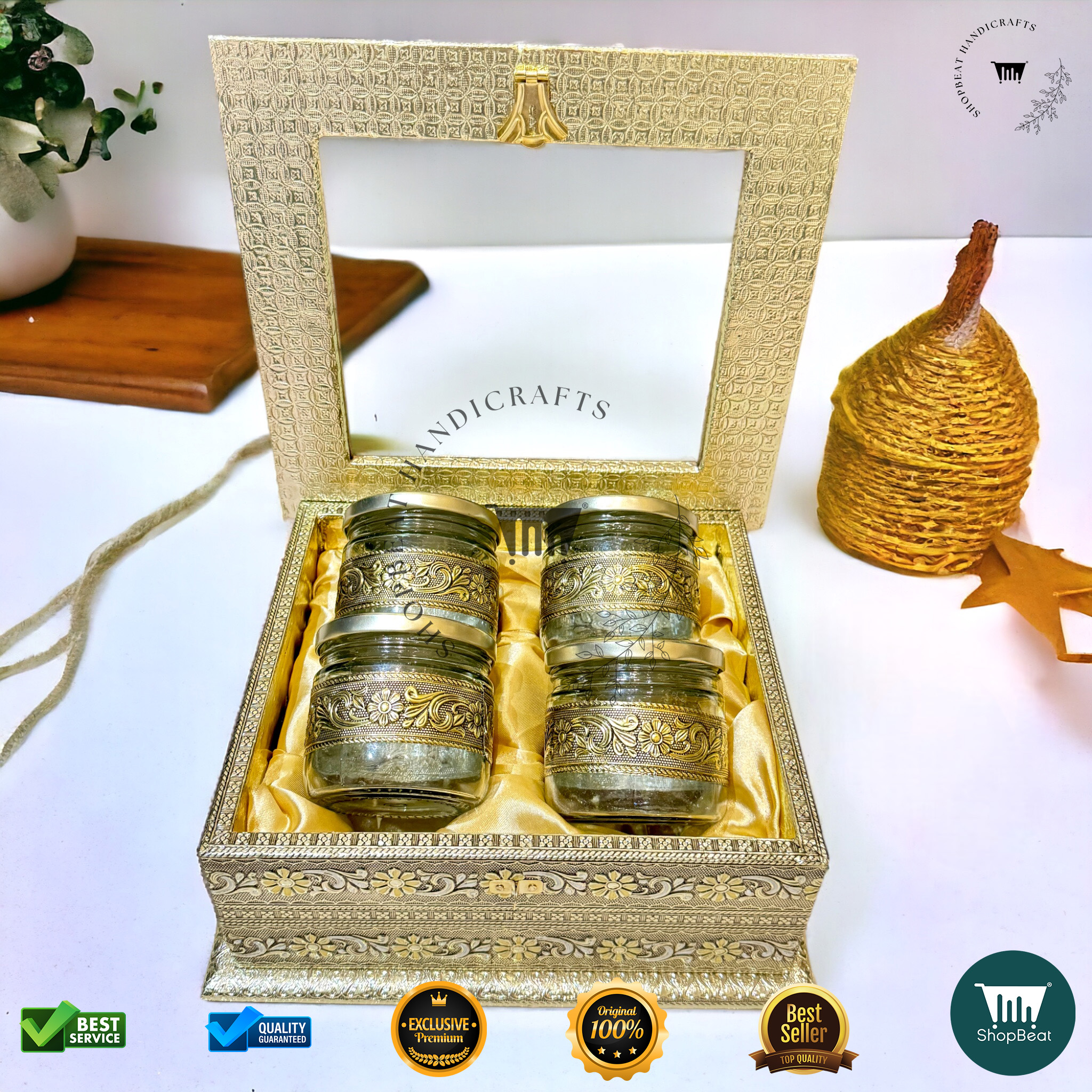 ShopBeat Golden Oxidised Acrylic Gift Box 4 Jars – Elegant & Traditional Gifting Solution - Image 4