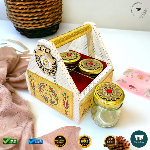 ShopBeat Premium White Rexine Decorative Dryfruit Tray-Box With 4 Glass Jar 7x7 - Image 2