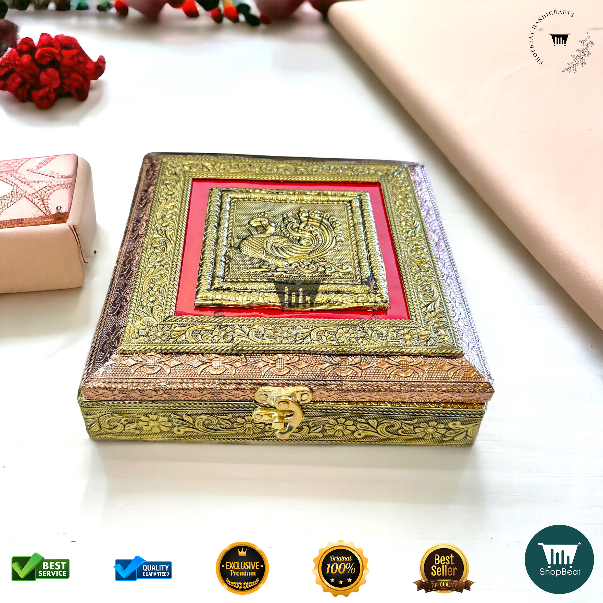 ShopBeat Golden-Copper Oxidised Red Velvet Dryfruit Box 8x8 – A Premium Gifting Delight - Image 2