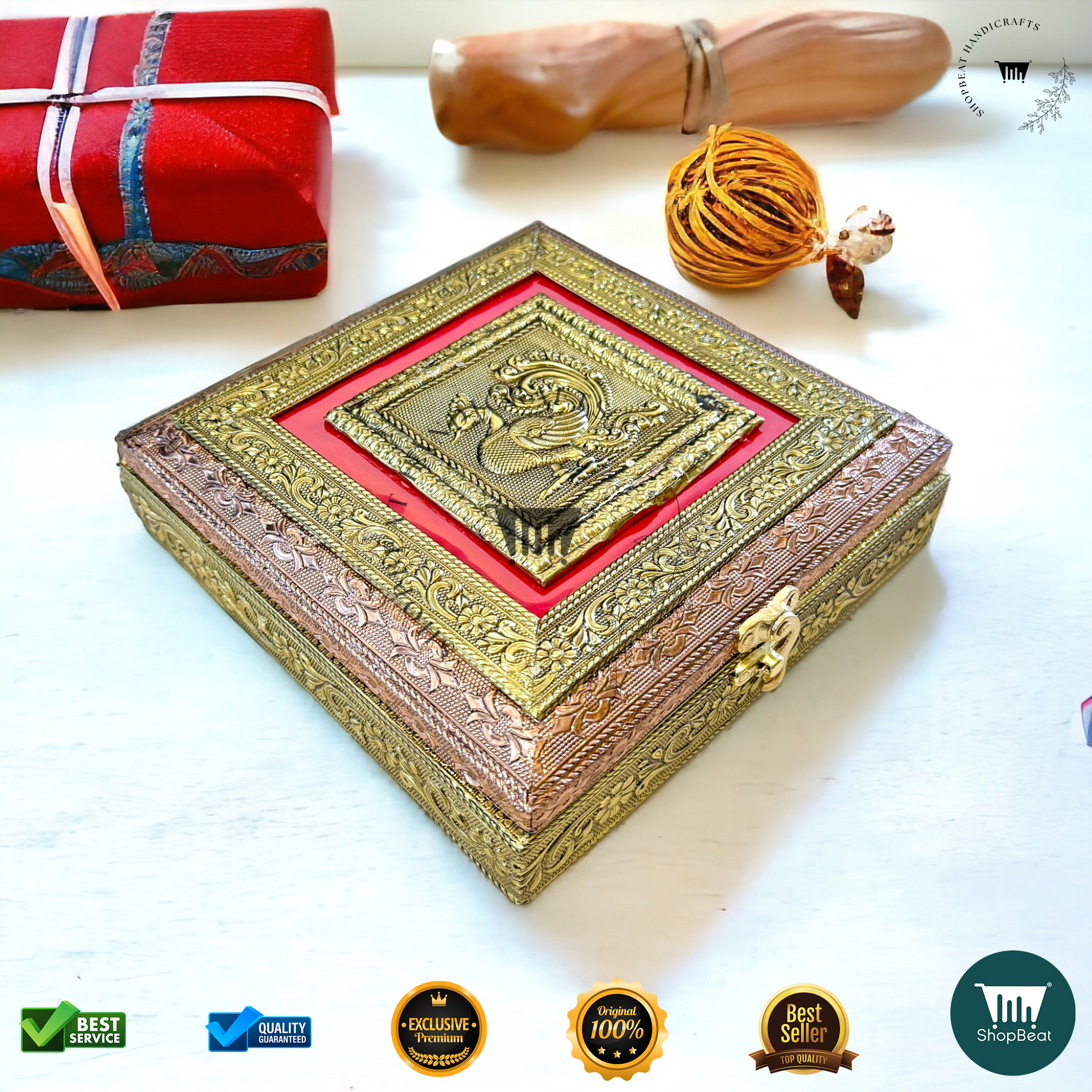 ShopBeat Golden-Copper Oxidised Red Velvet Dryfruit Box 8x8 – A Premium Gifting Delight - Image 3