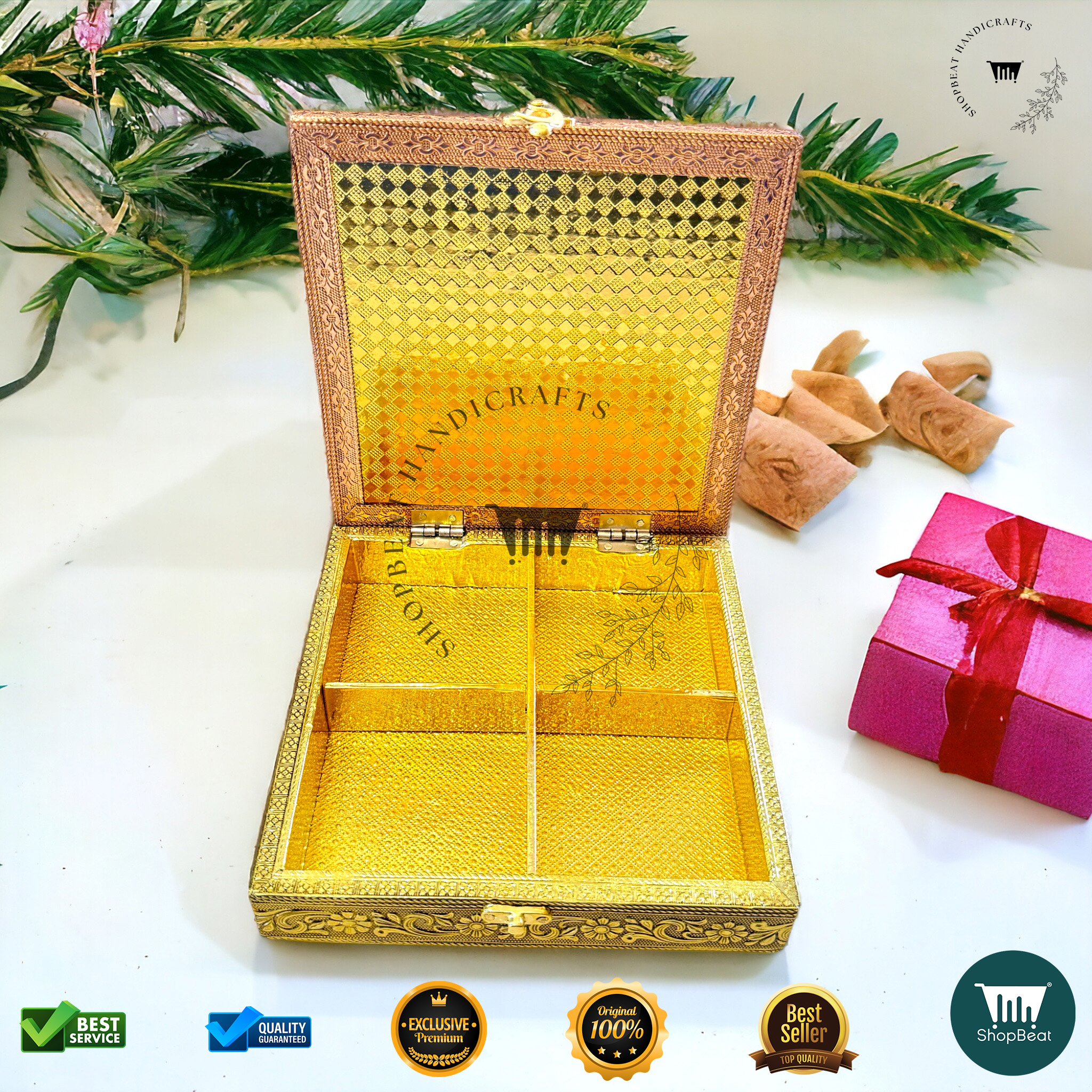 ShopBeat Golden-Copper Oxidised Red Velvet Dryfruit Box 8x8 – A Premium Gifting Delight - Image 4
