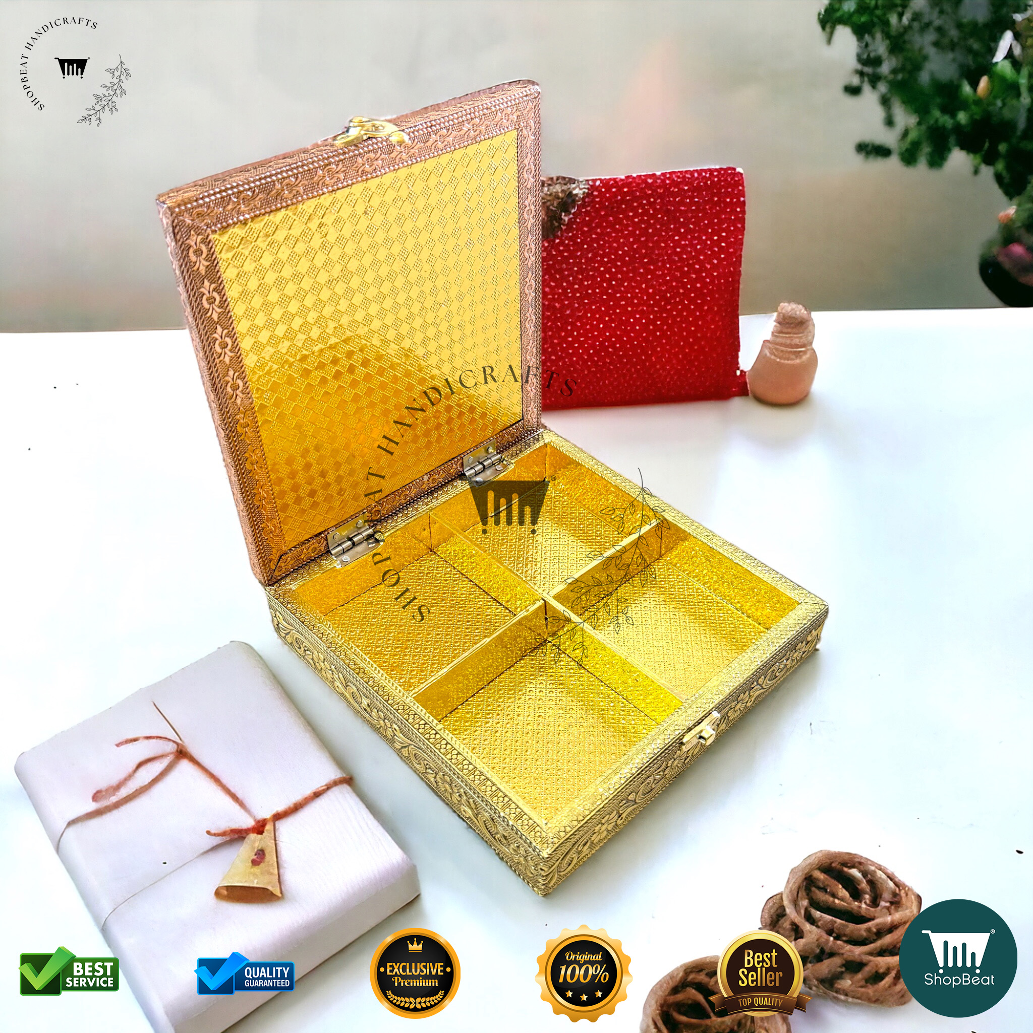 ShopBeat Golden-Copper Oxidised Red Velvet Dryfruit Box 8x8 – A Premium Gifting Delight - Image 5