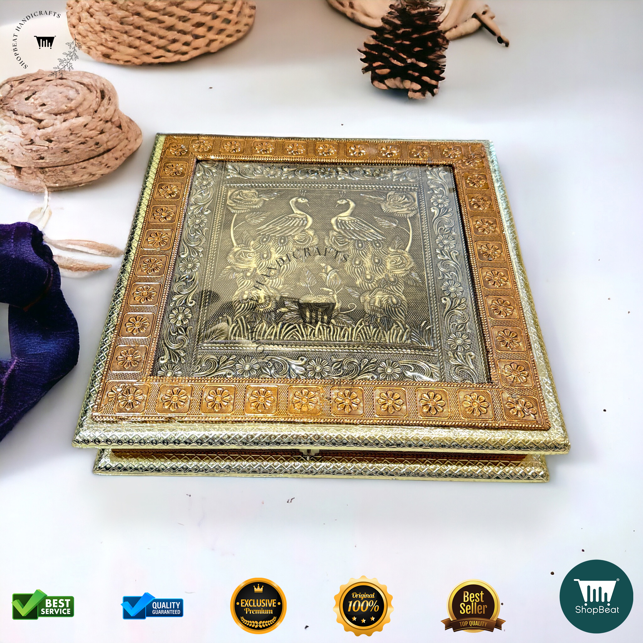 Golden-Copper Oxidised Peacock Gift Box 12x12