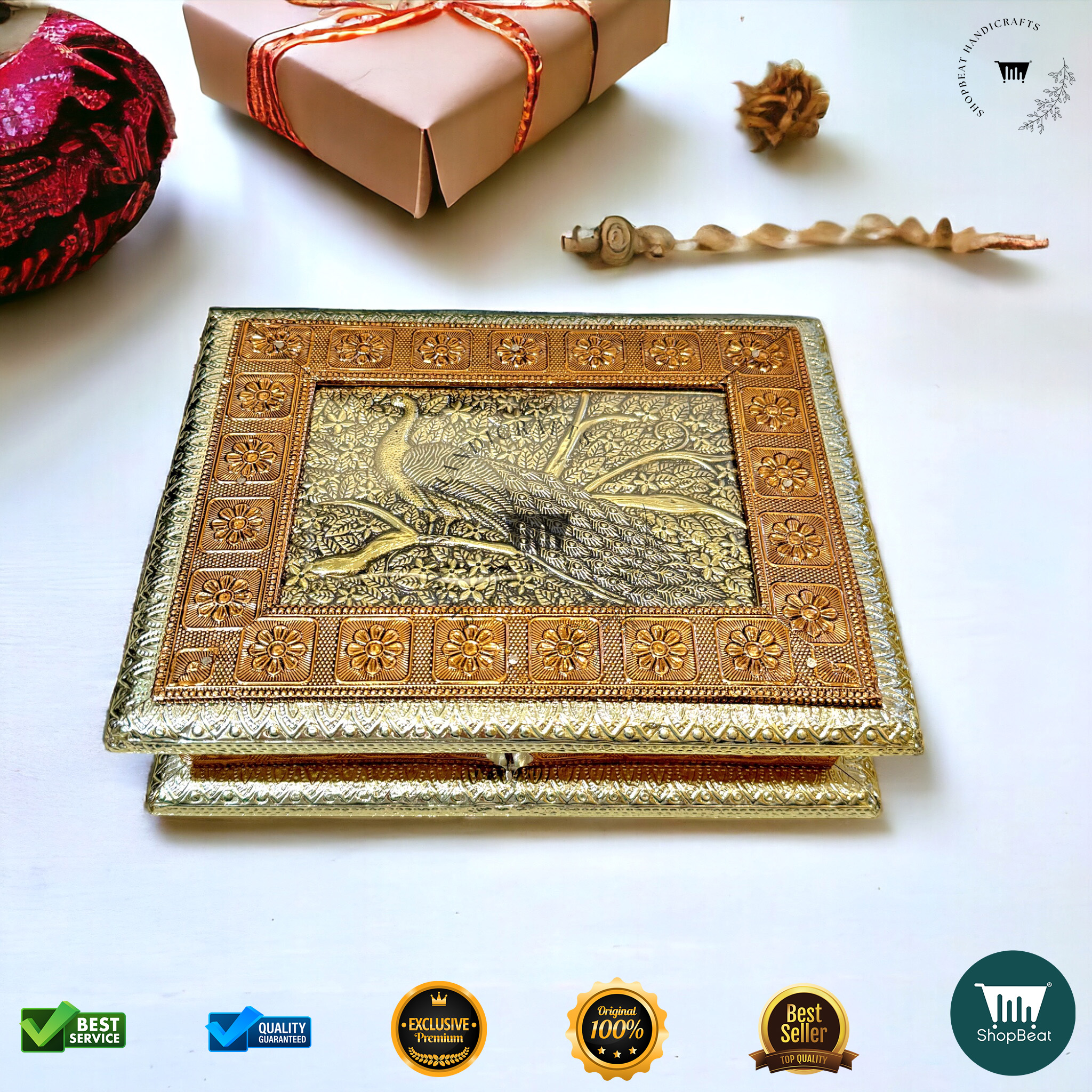 Golden-Copper Oxidised Peacock Gift Box