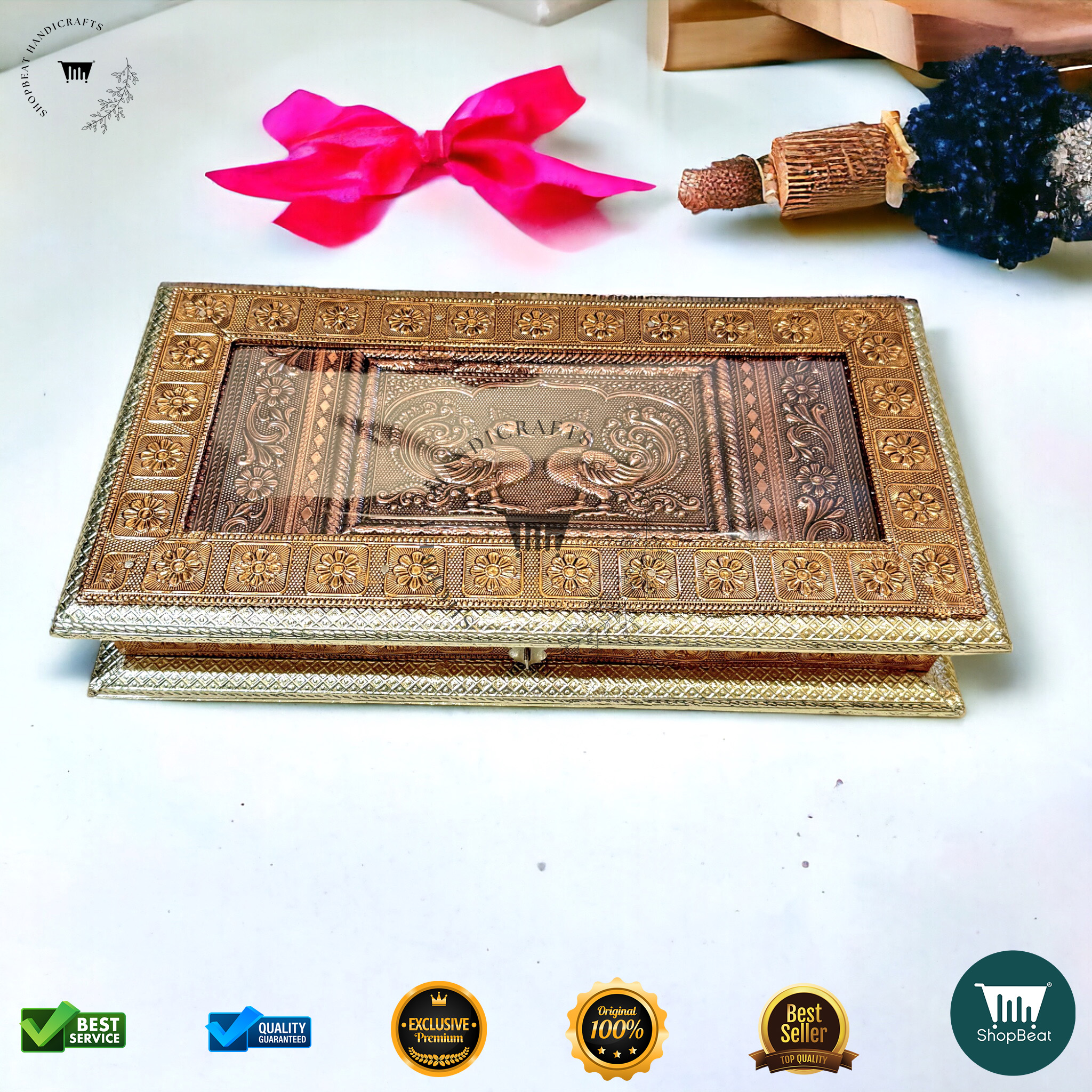 Golden-Copper Oxidised Peacock Gift Box 13x7