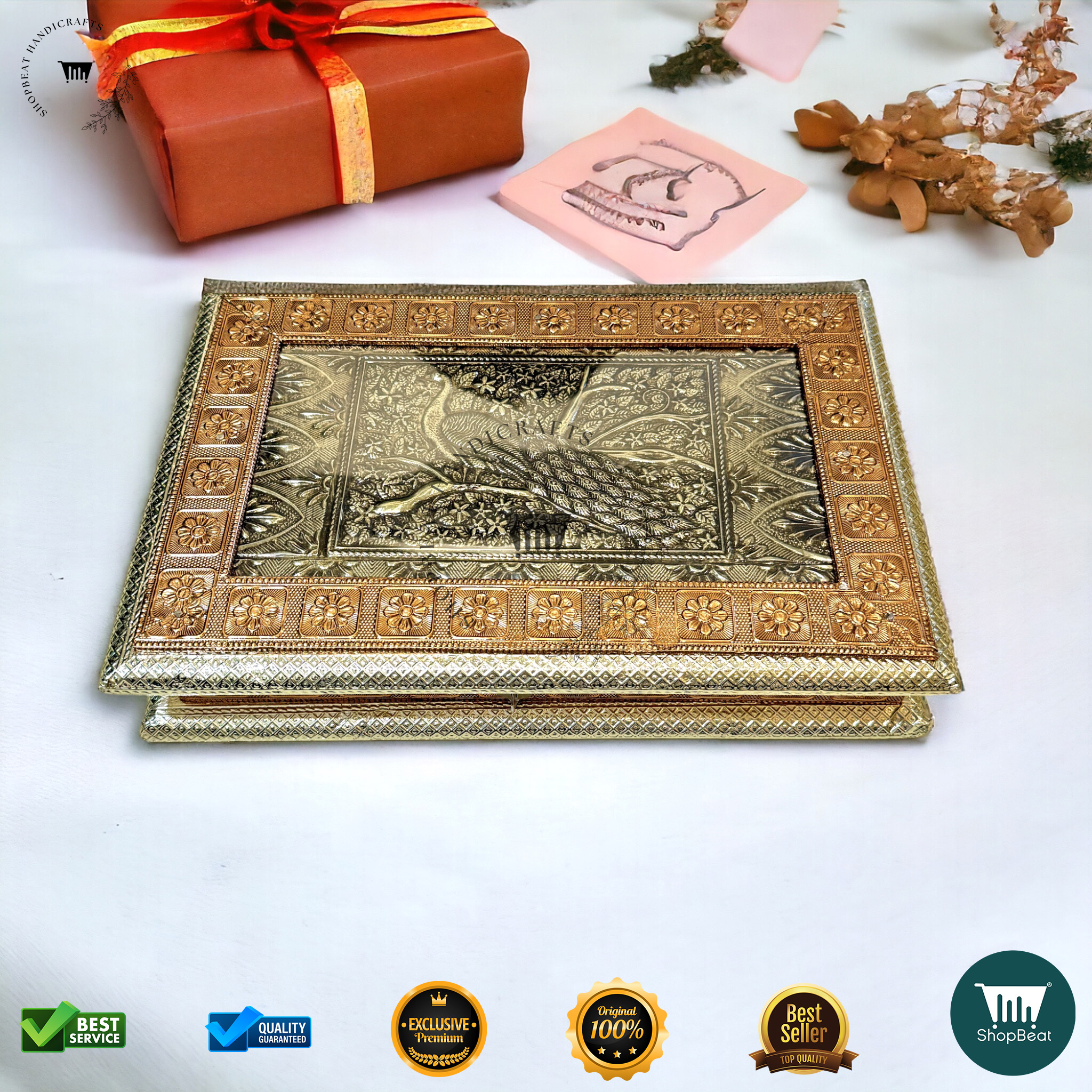 Golden-Copper Oxidised Peacock Gift Box 12x8