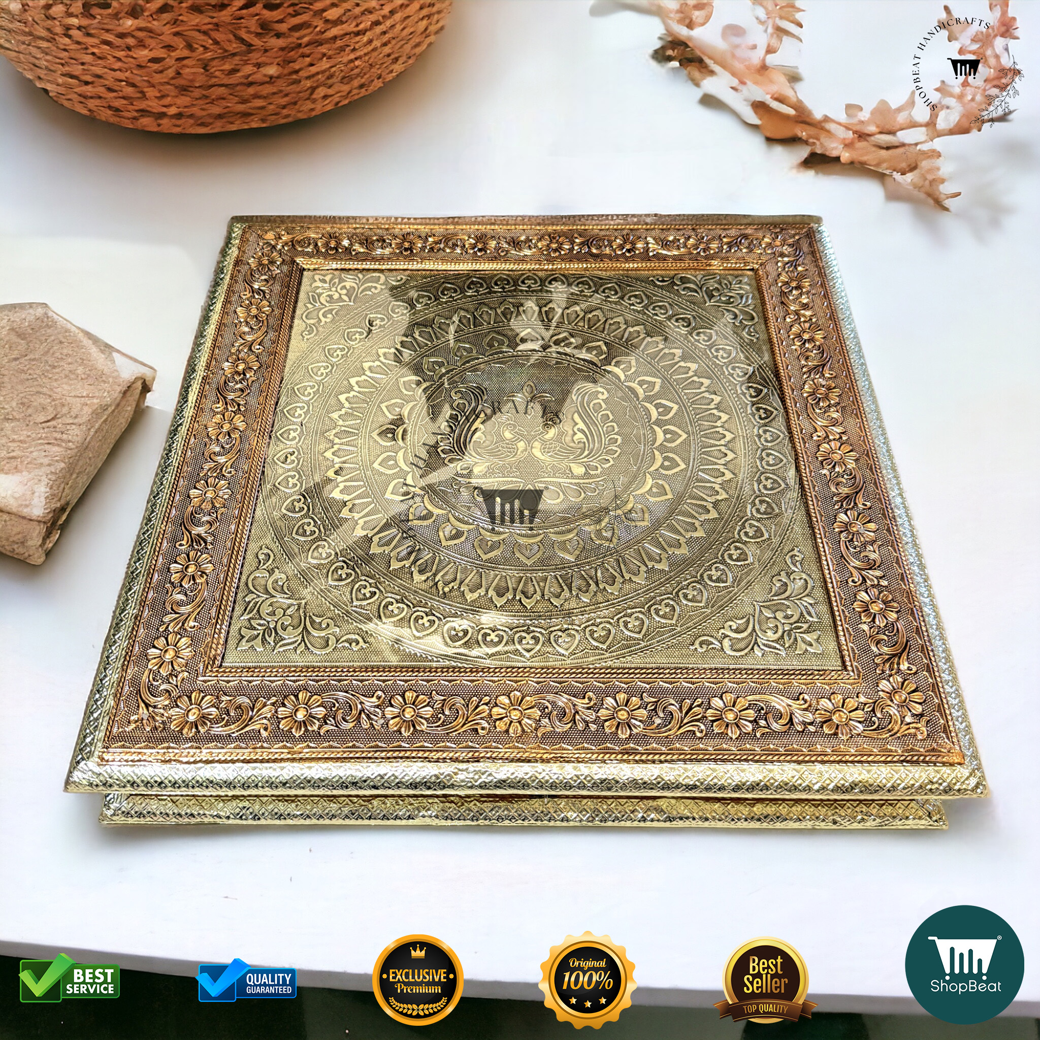Golden-Copper Oxidised Peacock Gift Box 15x15