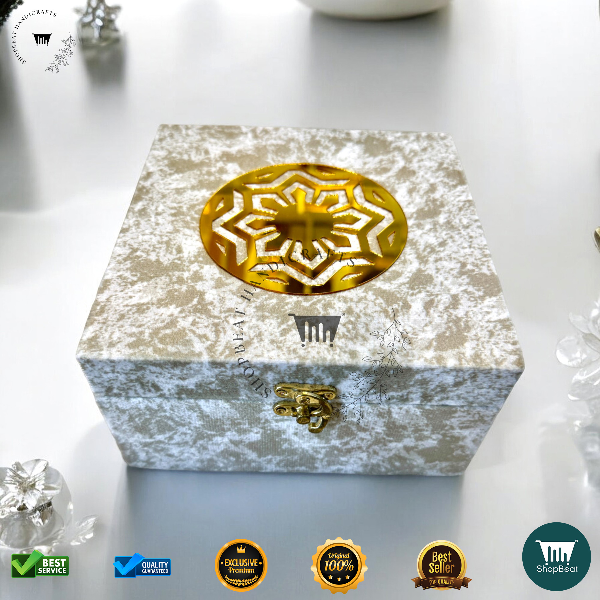 ShopBeat Premium White Velvet Decorative Dryfruit Box With 4 Glass Jar 7x7