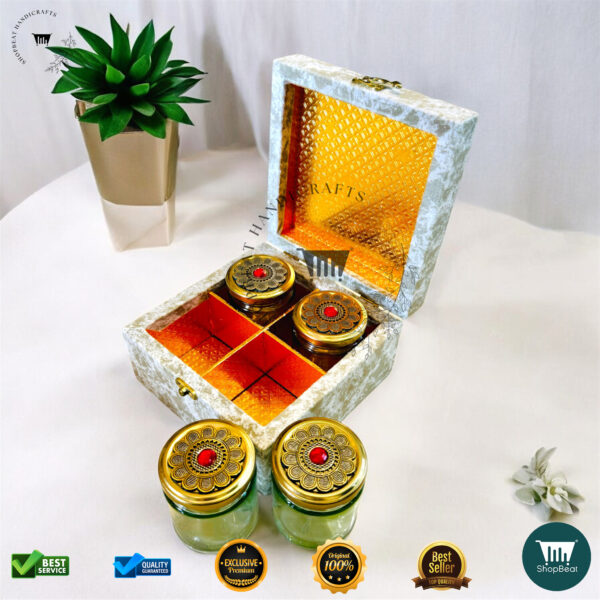 ShopBeat Premium White Velvet Decorative Dryfruit Box With 4 Glass Jar 7x7 - Image 4
