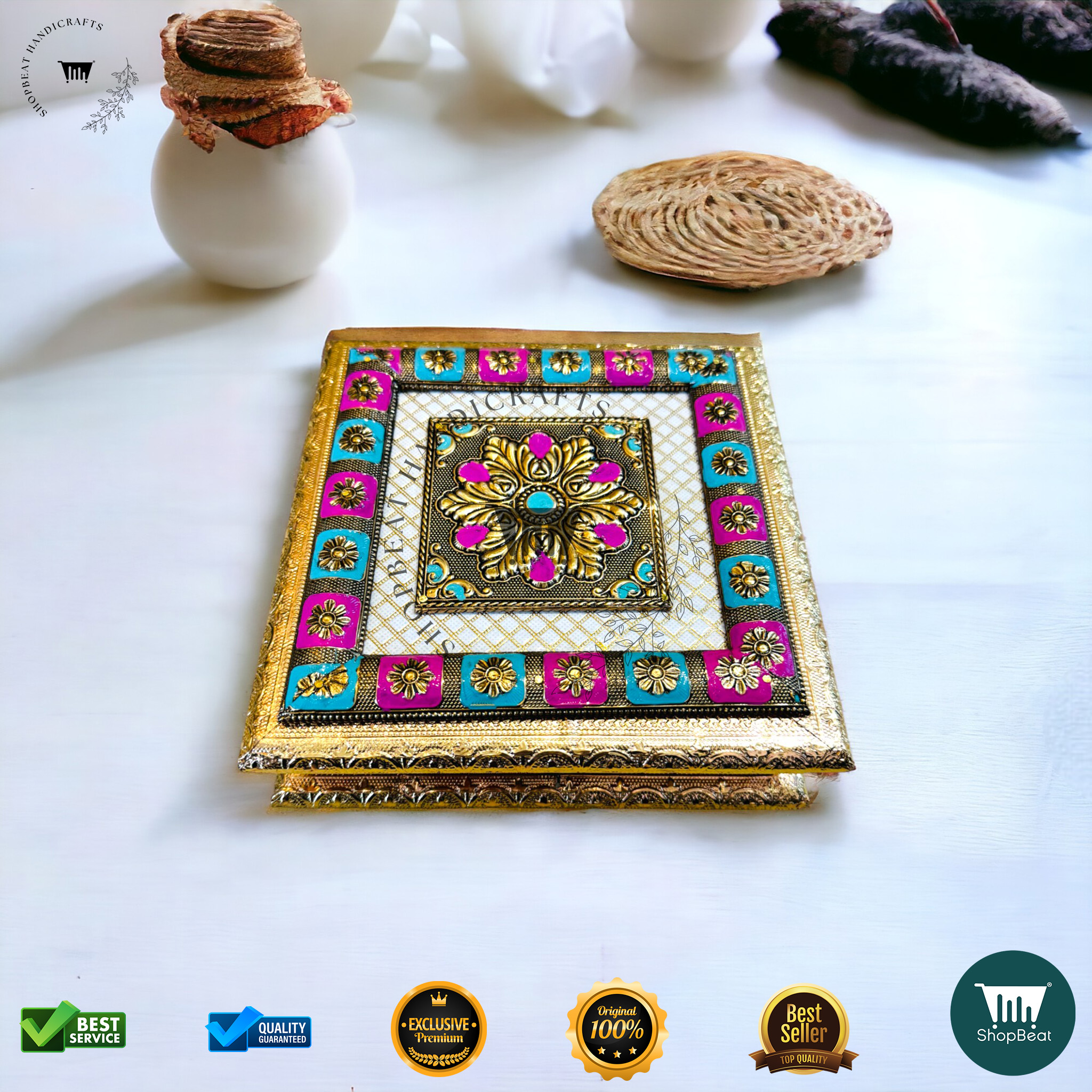 Golden Oxidised Meenakari Gift Box 8x8
