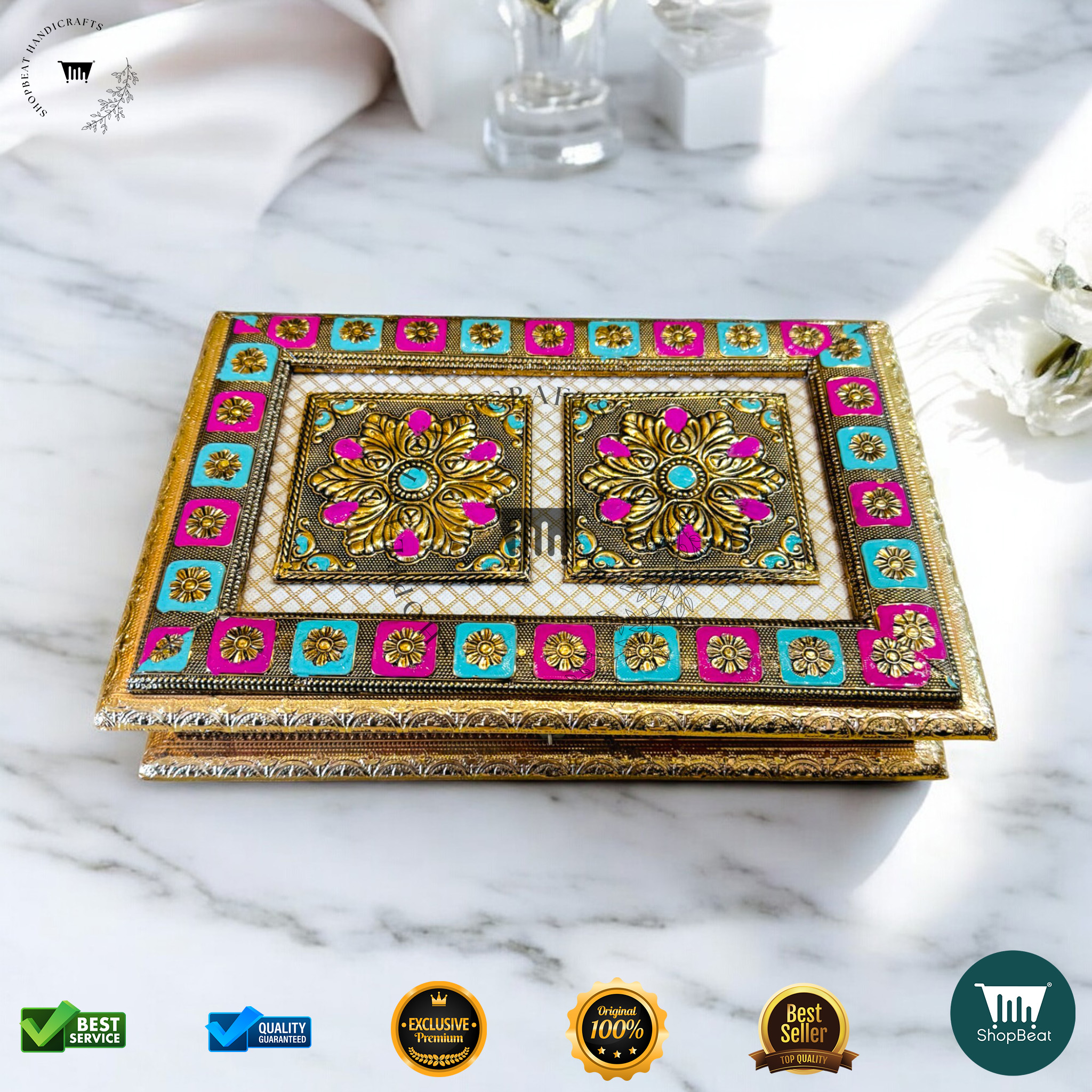 Golden Oxidised Meenakari Gift Box 12x8