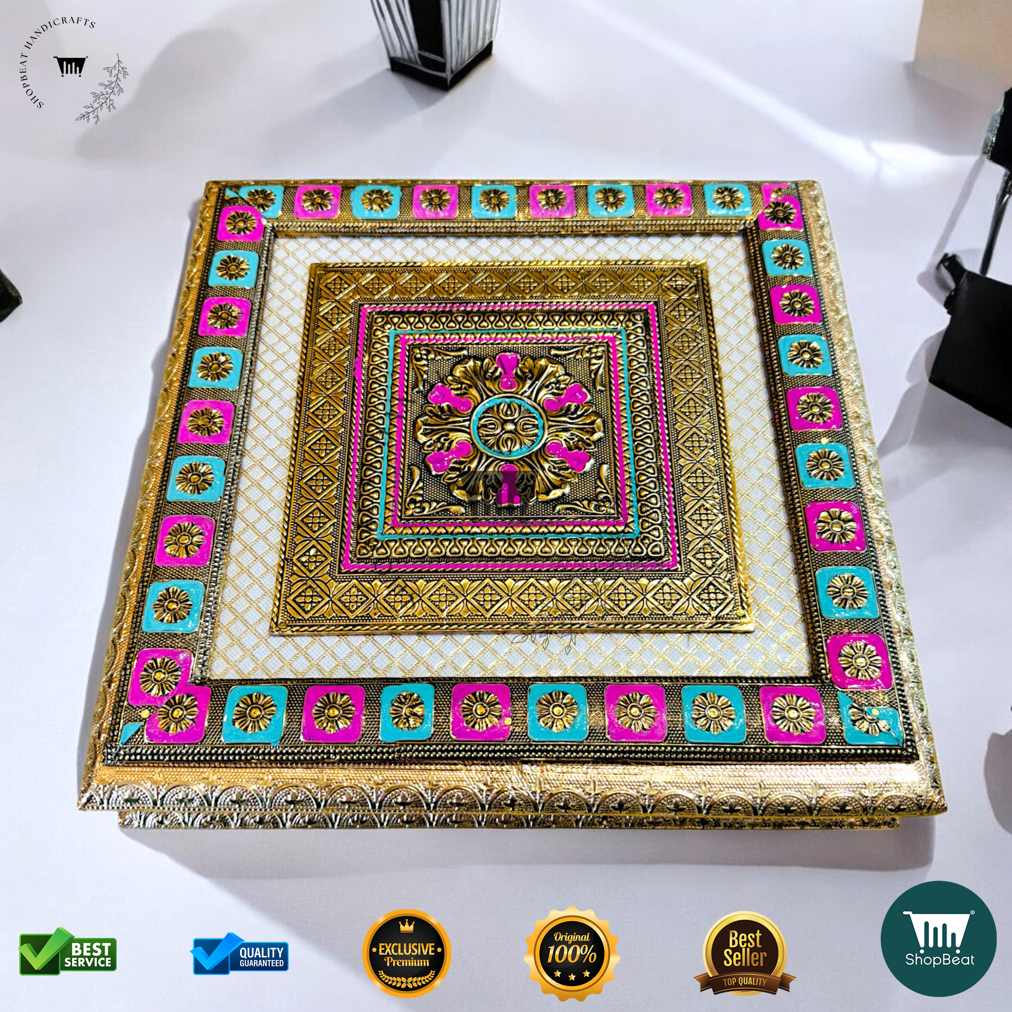 Golden Oxidised Meenakari Gift Box 12x12