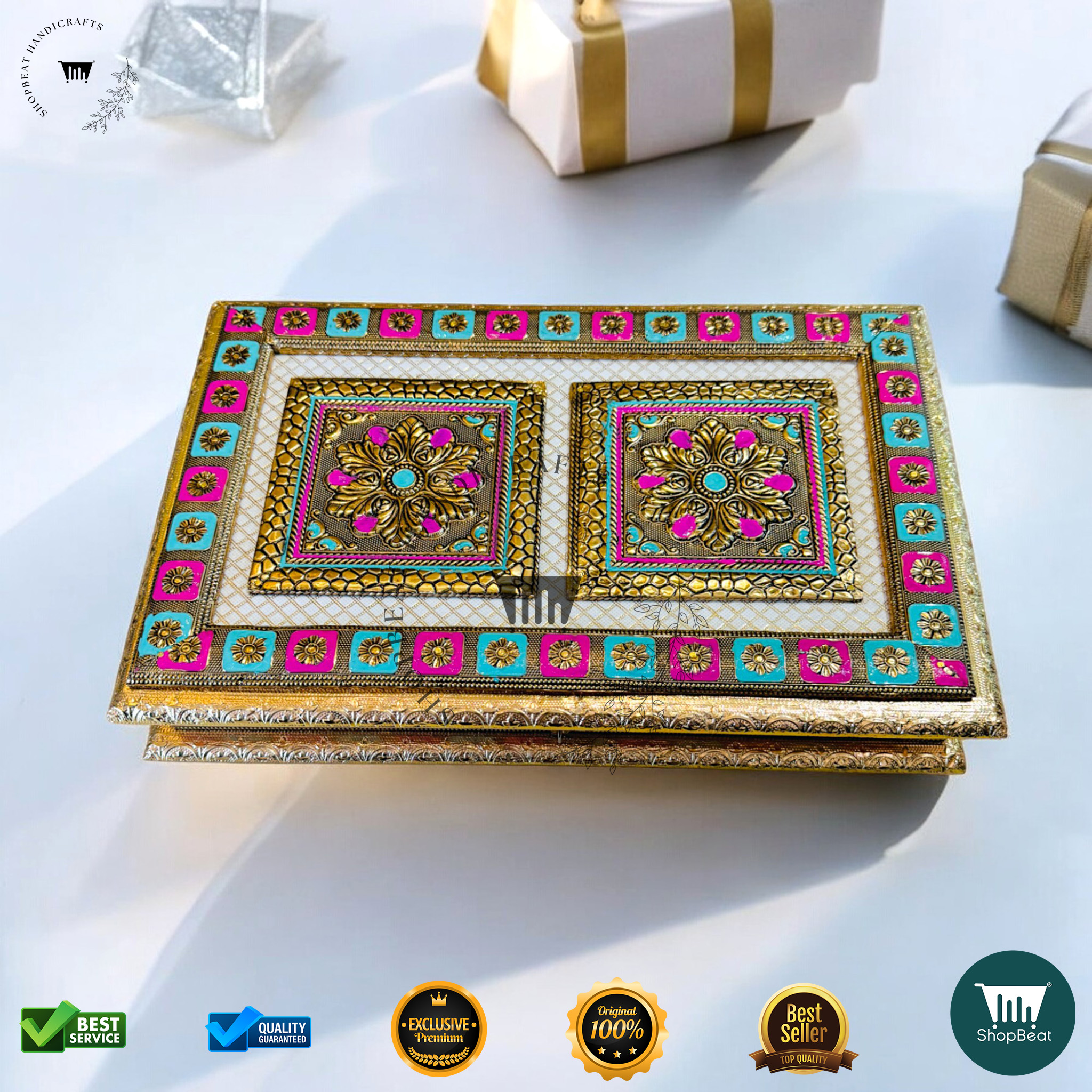 Golden Oxidised Meenakari Gift Box 15x10