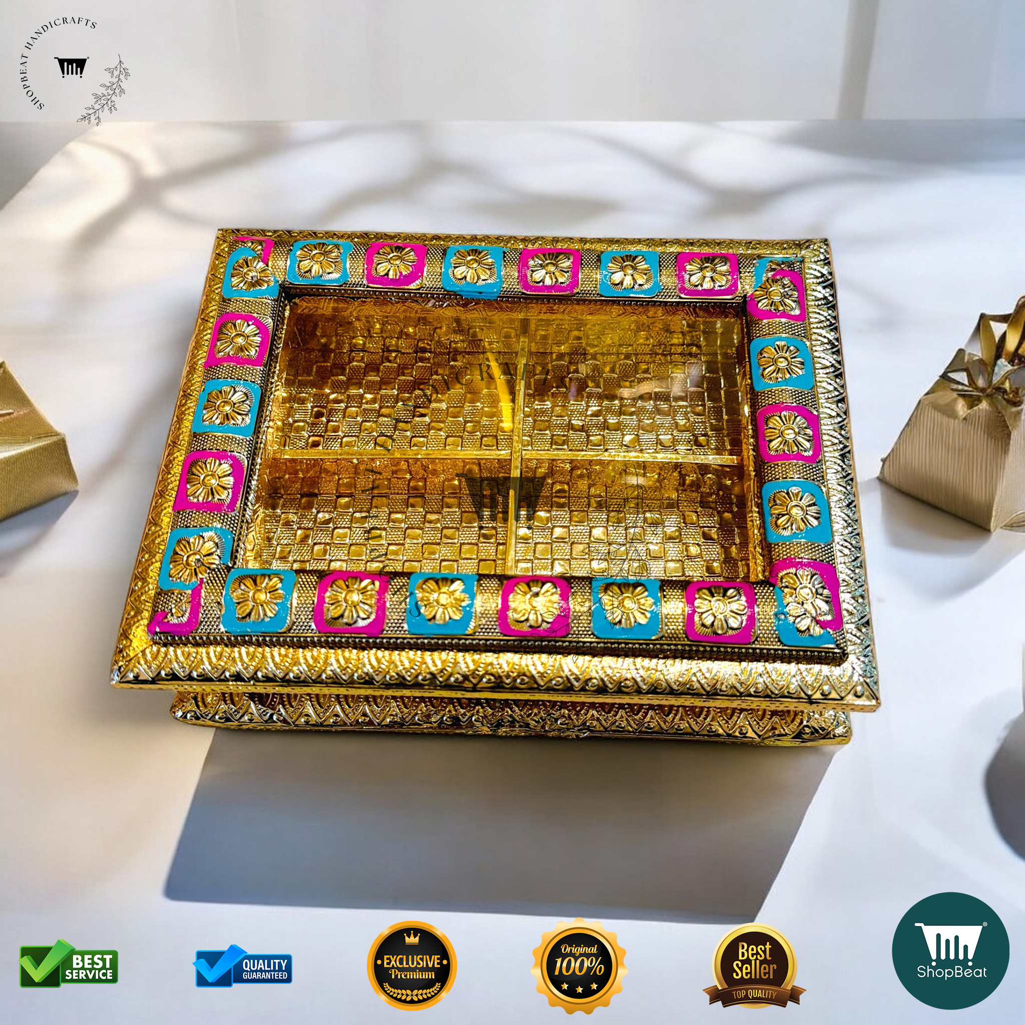 Golden Oxidised Meenakari Window Gift Box 9x7