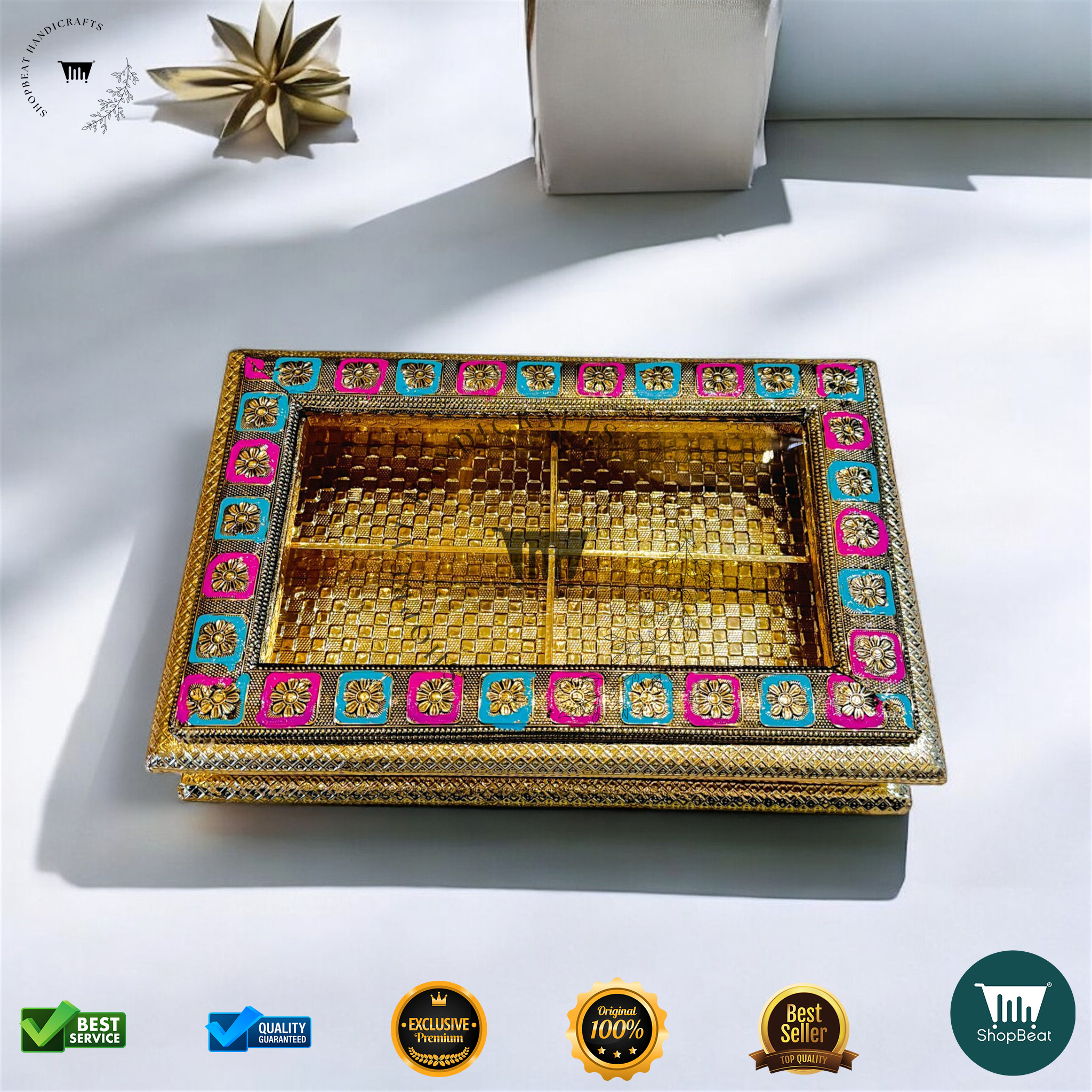 Golden Oxidised Meenakari Window Gift Box 12x8