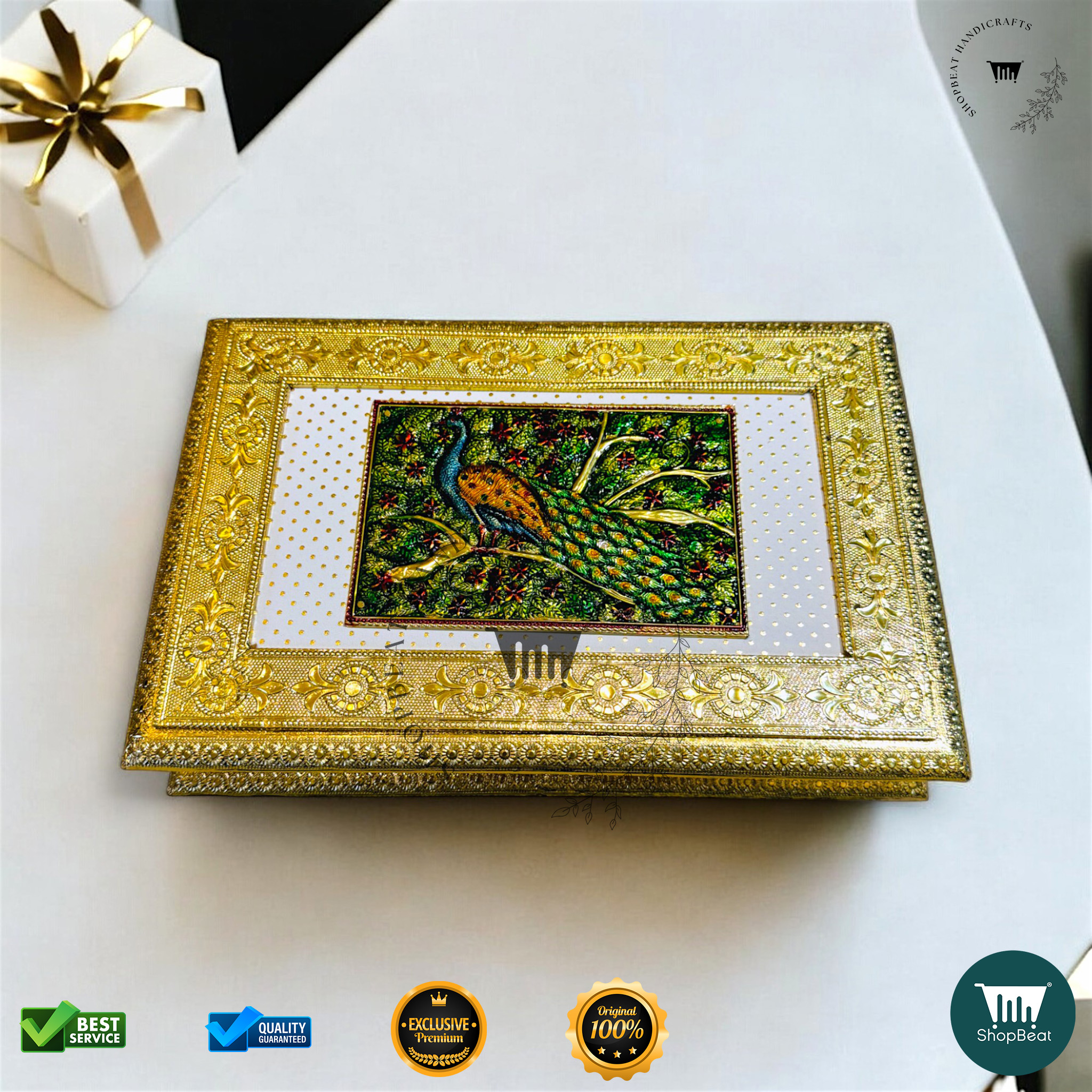 ShopBeat Golden Oxidised Meenakari Peacock Decorative Dryfruit Box 12x8
