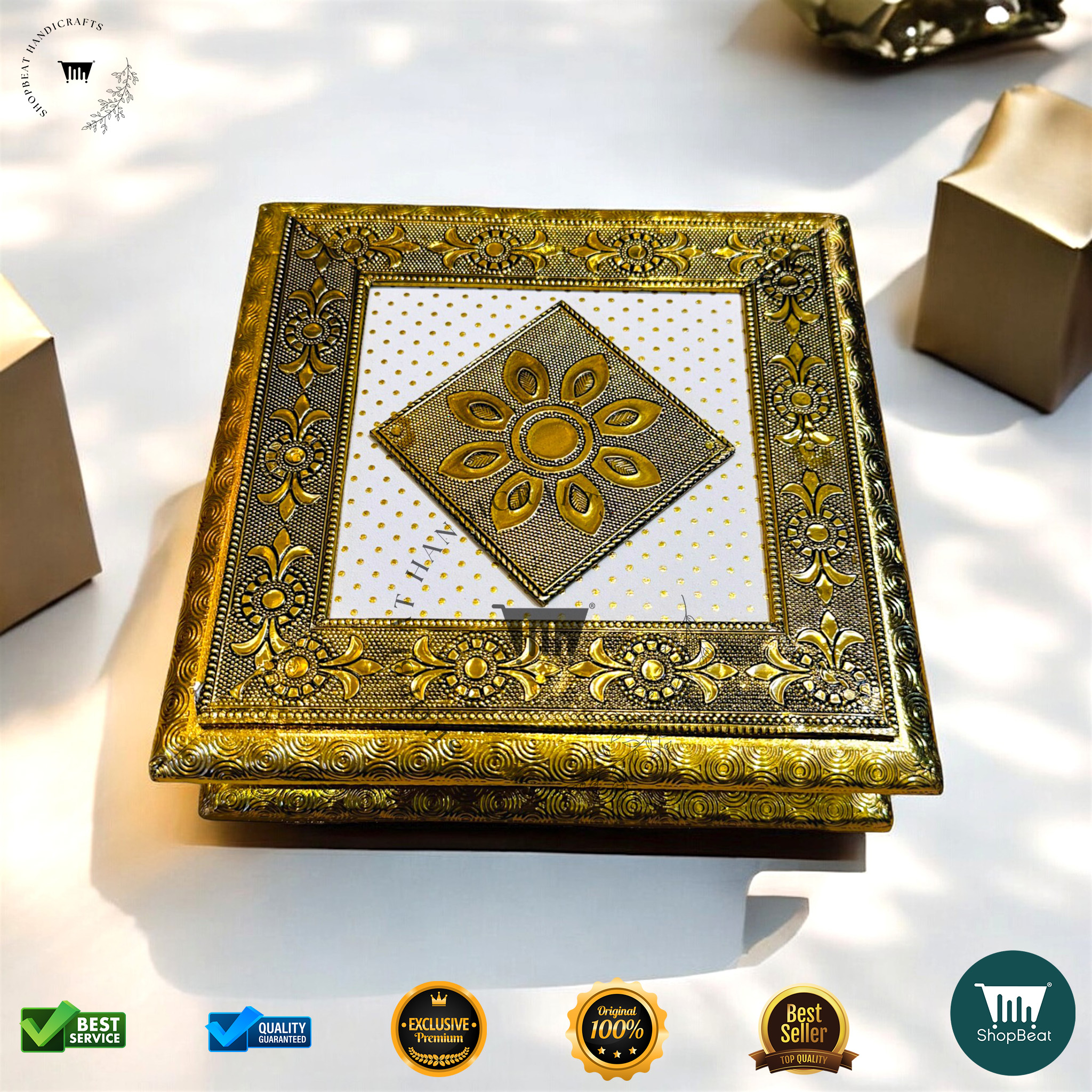 ShopBeat Golden Oxidised White Rexine Decorative Dryfruit Box 8x8