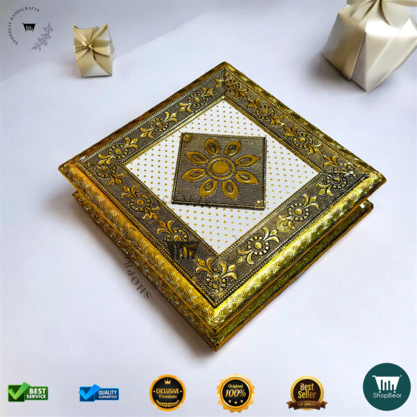 ShopBeat Golden Oxidised White Rexine Decorative Dryfruit Box 8x8 - Image 2