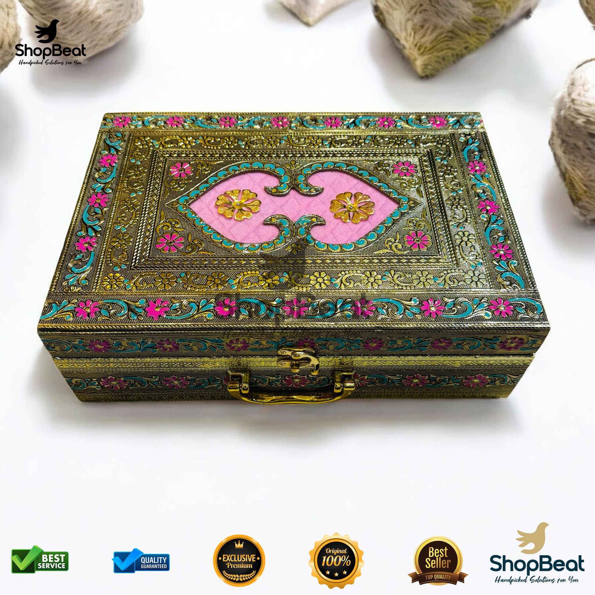 ShopBeat Golden Oxidised Pink Velvet Dry Fruit Box With 6 Glass Jar