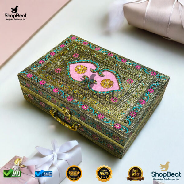 ShopBeat Golden Oxidised Pink Velvet Dry Fruit Box With 6 Glass Jar – Premium Gifting Solution - Image 2