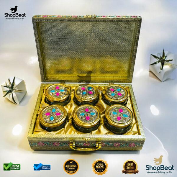 ShopBeat Golden Oxidised Pink Velvet Dry Fruit Box With 6 Glass Jar – Premium Gifting Solution - Image 5
