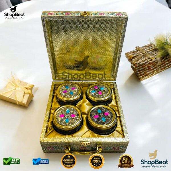 ShopBeat Golden Oxidised Pink Velvet Dry Fruit Box With 4 Glass Jar – Elegant Gifting Choice - Image 3