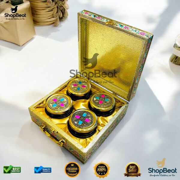 ShopBeat Golden Oxidised Pink Velvet Dry Fruit Box With 4 Glass Jar – Elegant Gifting Choice - Image 4