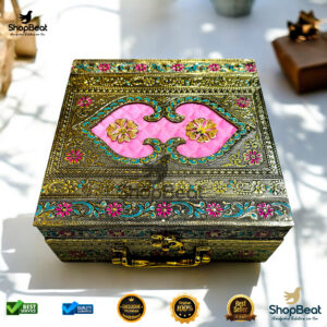 ShopBeat Golden Oxidised Pink Velvet Dry Fruit Box With 4 Glass Jar