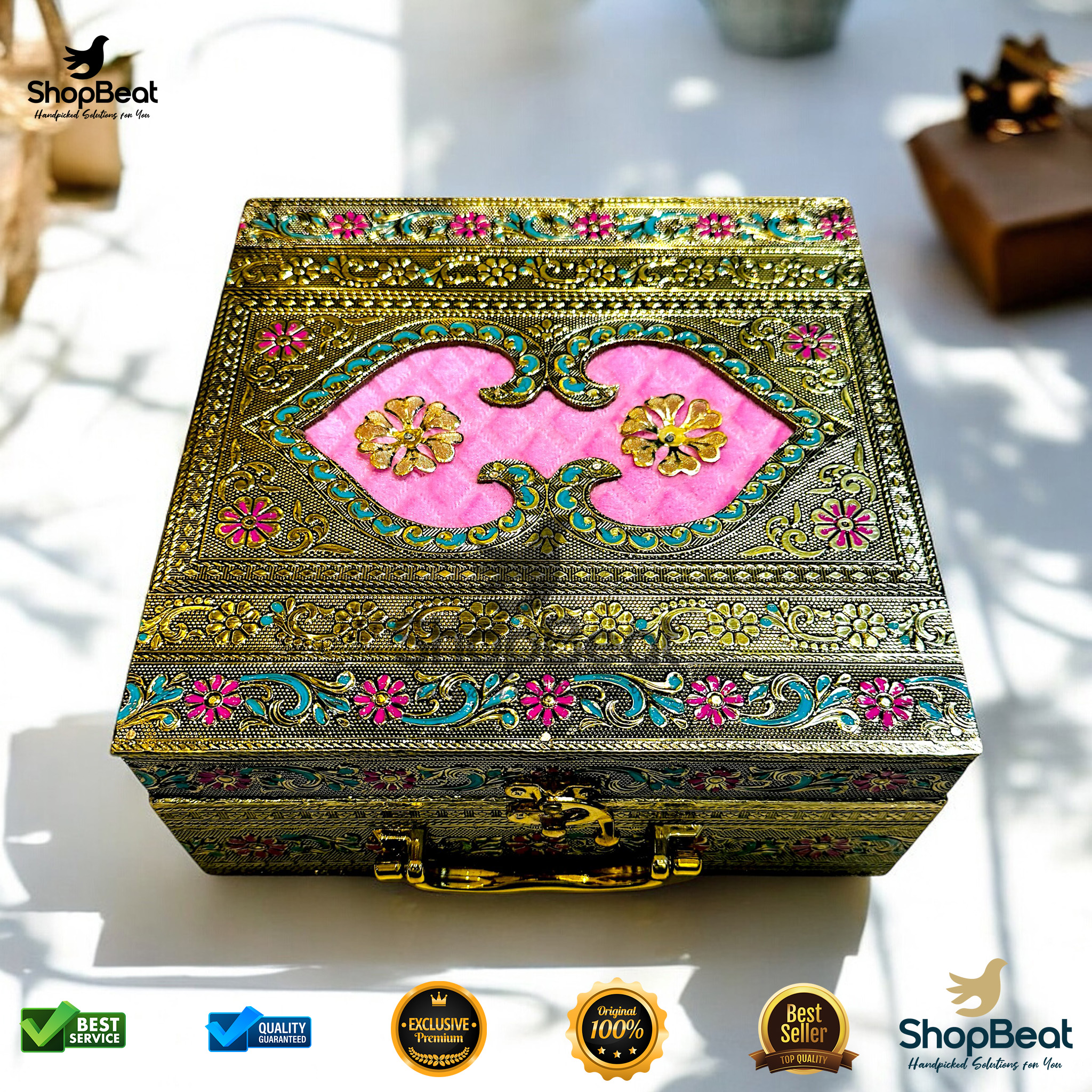 ShopBeat Golden Oxidised Pink Velvet Dry Fruit Box With 4 Glass Jar
