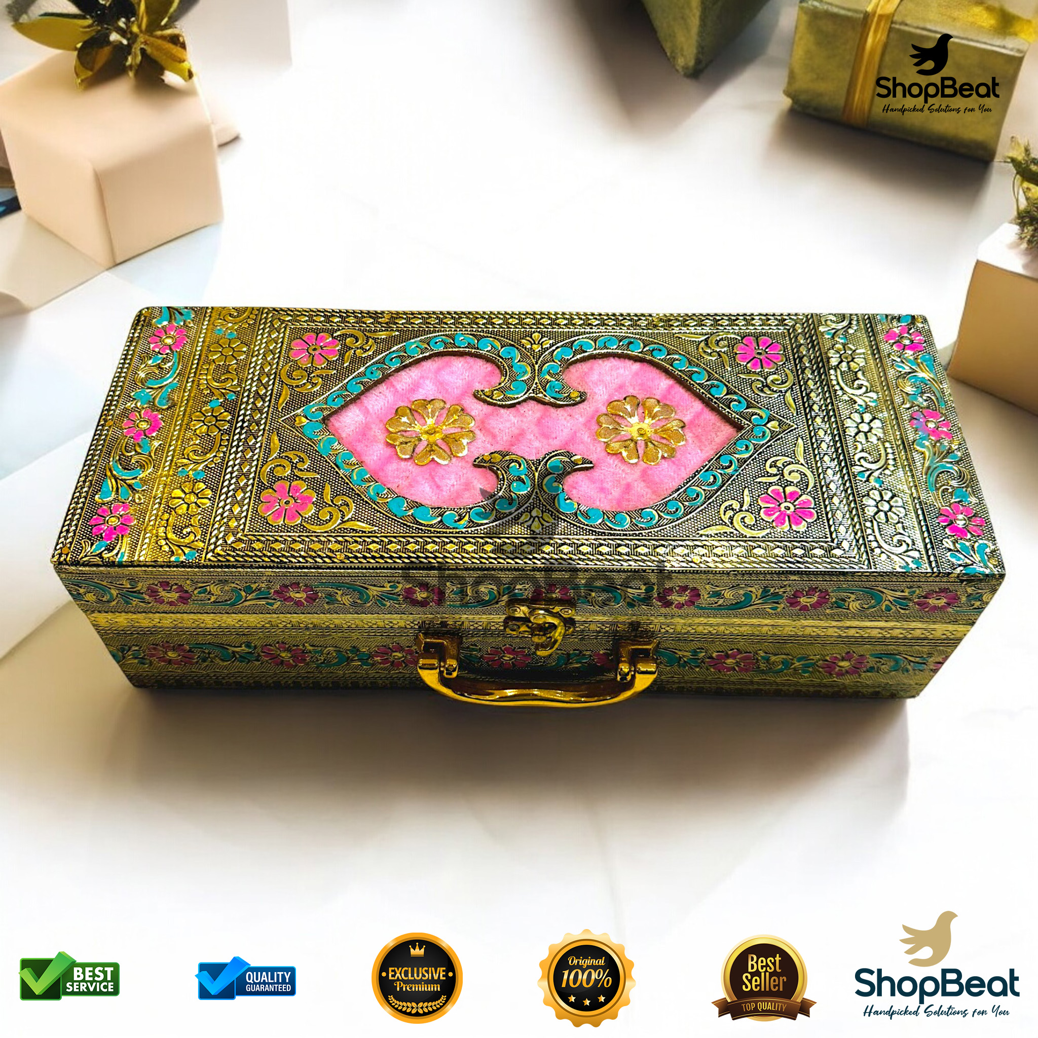 Golden Oxidised Pink Velvet Gift Box 3 Jars