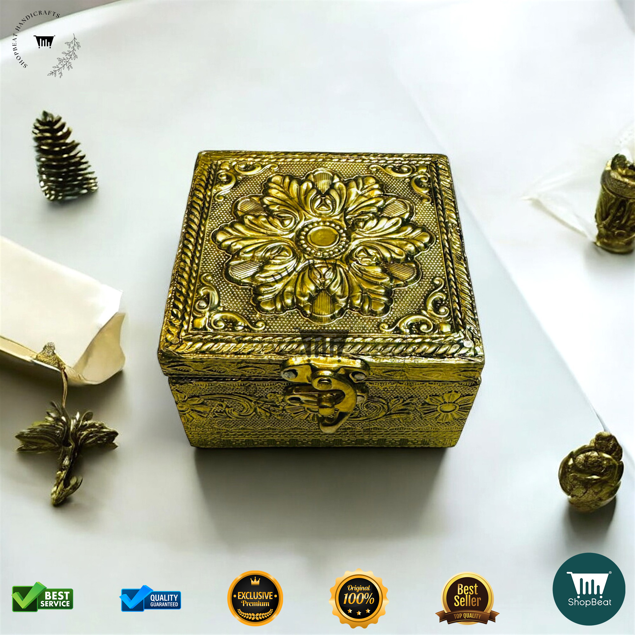 ShopBeat Golden Oxidised Pooja Box/Jewellery Box/Multipurpose Box 4x4