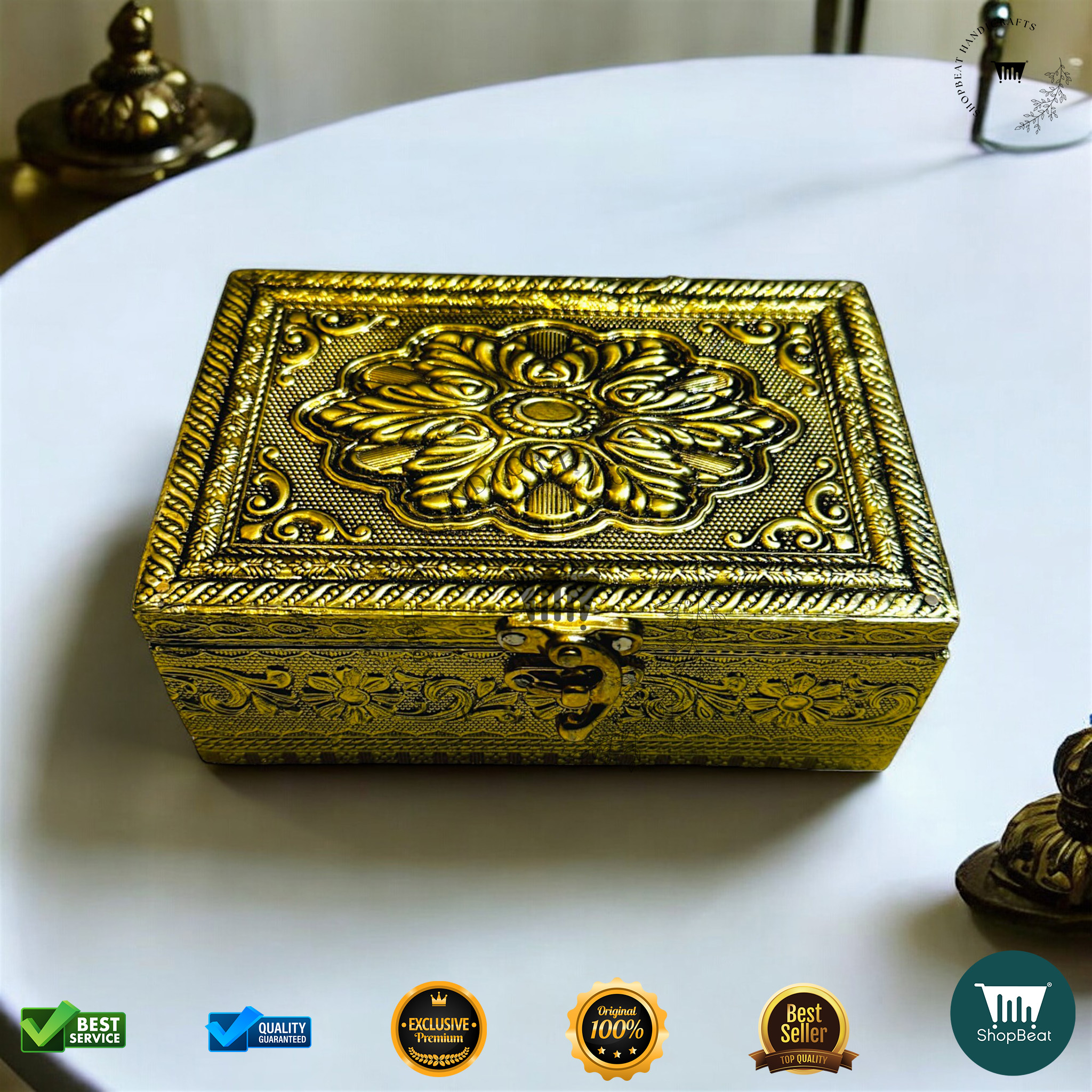ShopBeat Golden Oxidised Pooja Box/Jewellery Box/Multipurpose Box 4x6