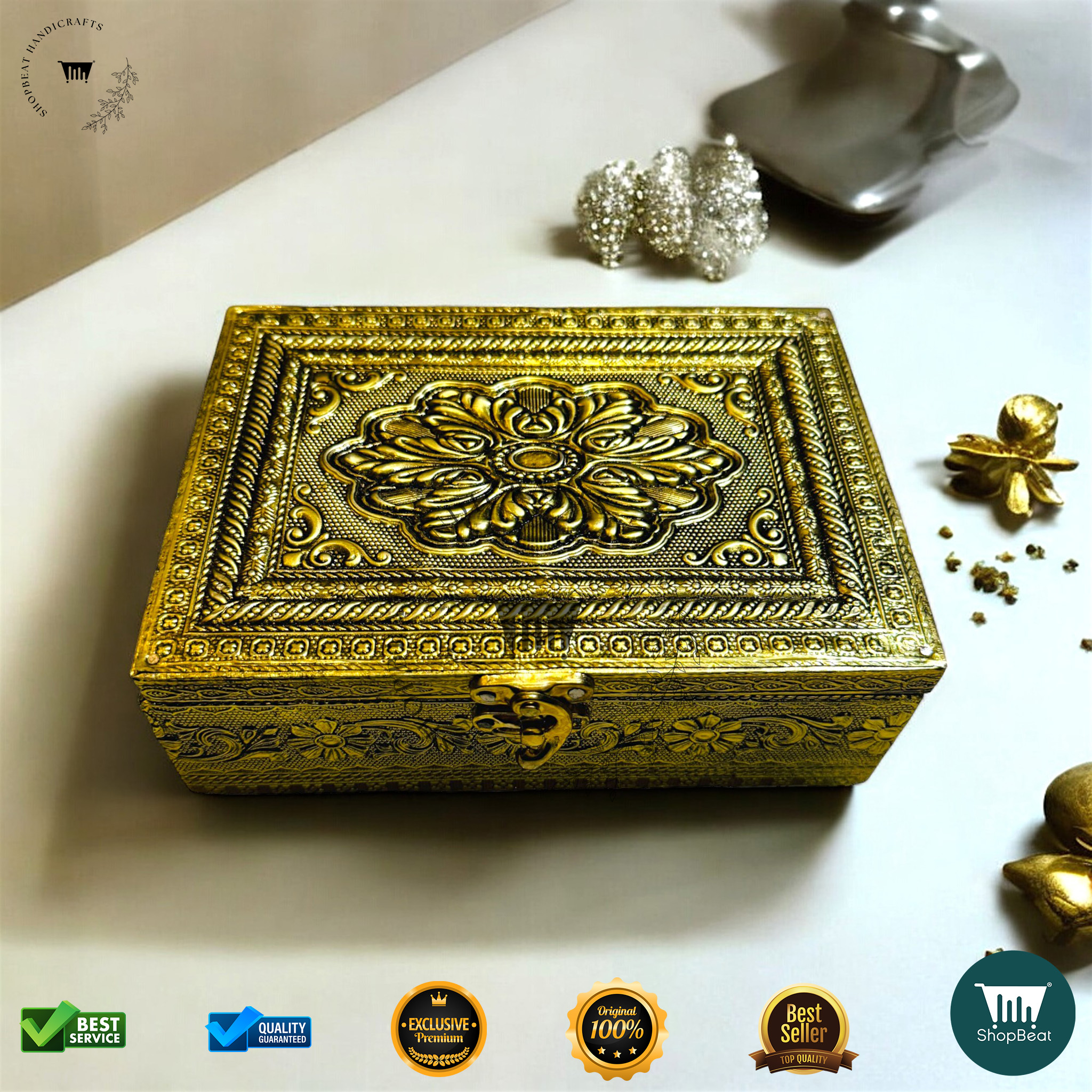 ShopBeat Golden Oxidised Pooja Box/Jewellery Box/Multipurpose Box 5x7