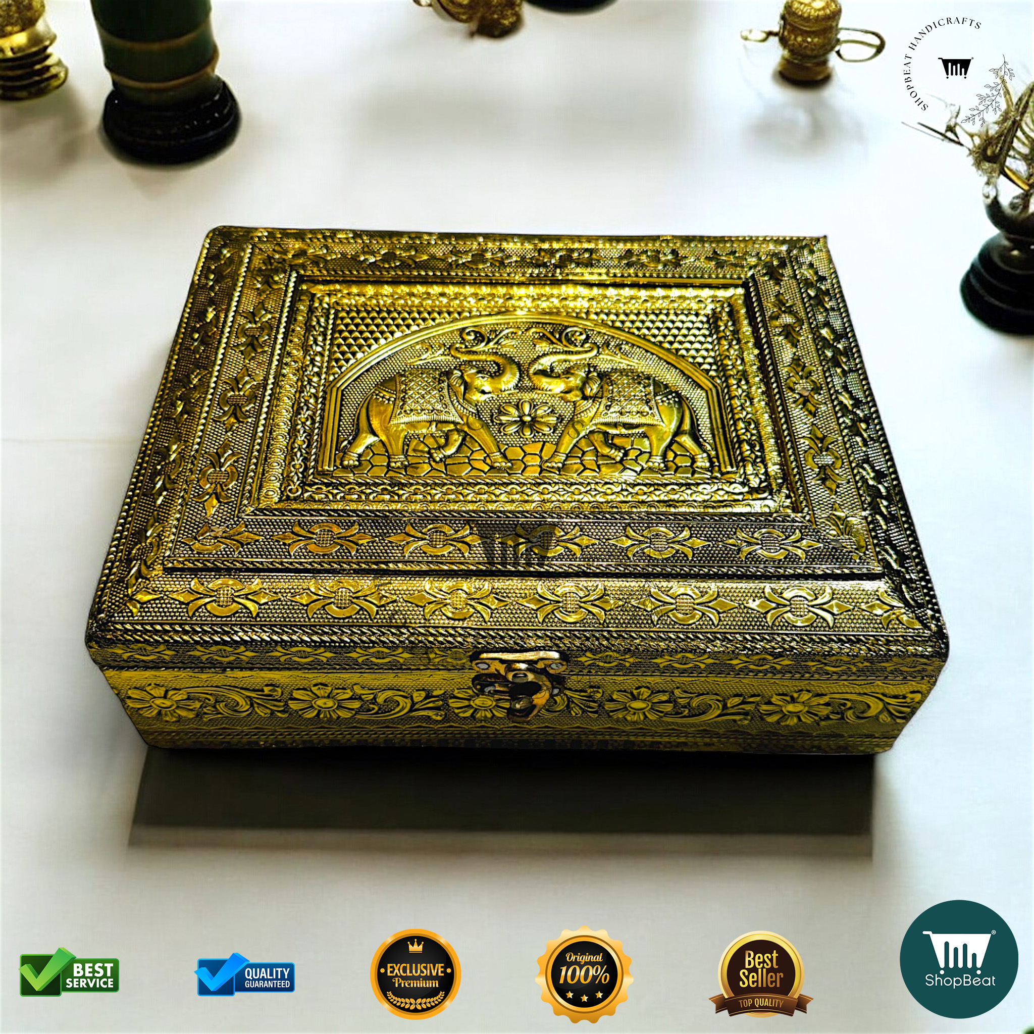 ShopBeat Golden Oxidised Pooja Box/Jewellery Box/Multipurpose Box 9x7